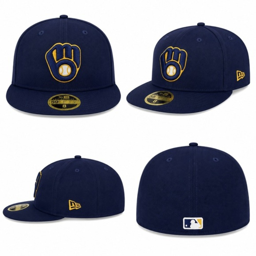 New Era Milwaukee Brewers 59FIFTY Low Profile Fitted Hat Navy Blue Size 8 MLB